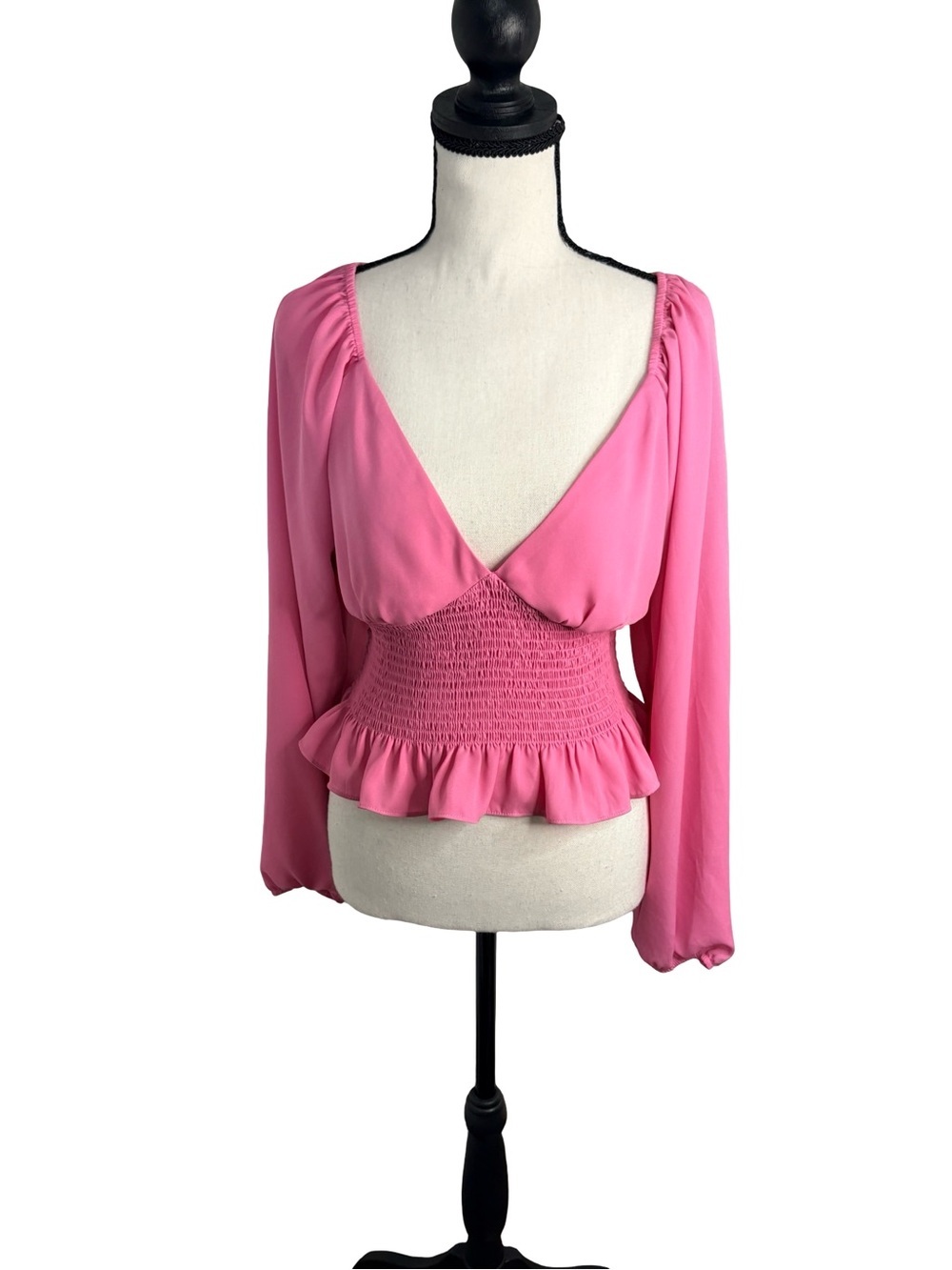 WAYF Pink Smocked Peplum Blouse Long Sleeve Size M